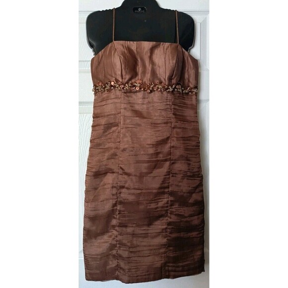 Victor Costa 2-Piece Sheath Dress  Jacket Sz 4 Brown  Shimmer Beaded Semi Formal - Picture 3 of 11